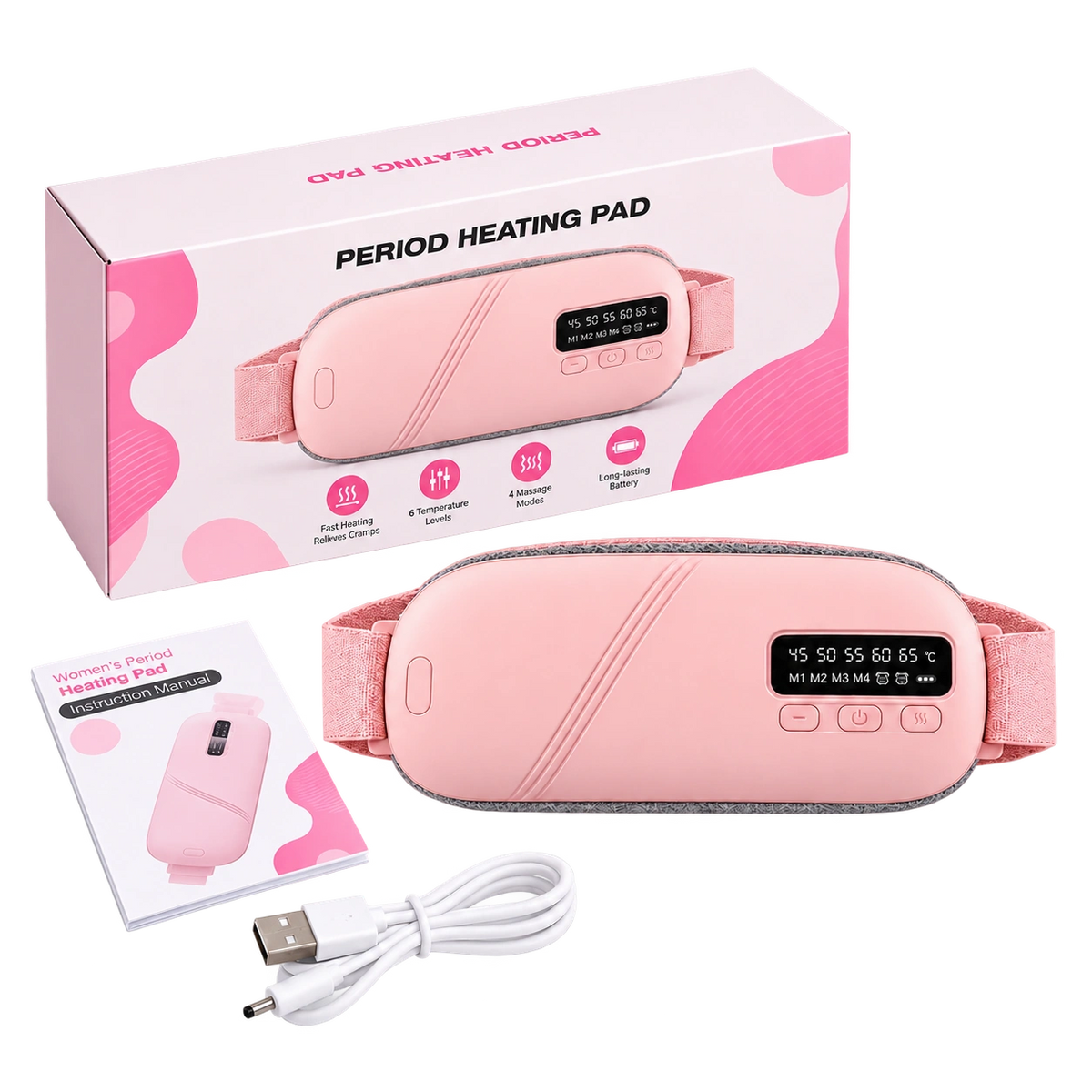 Qué incluye el cinturón térmico Aunelya: cinturón, cable USB, manual y caja