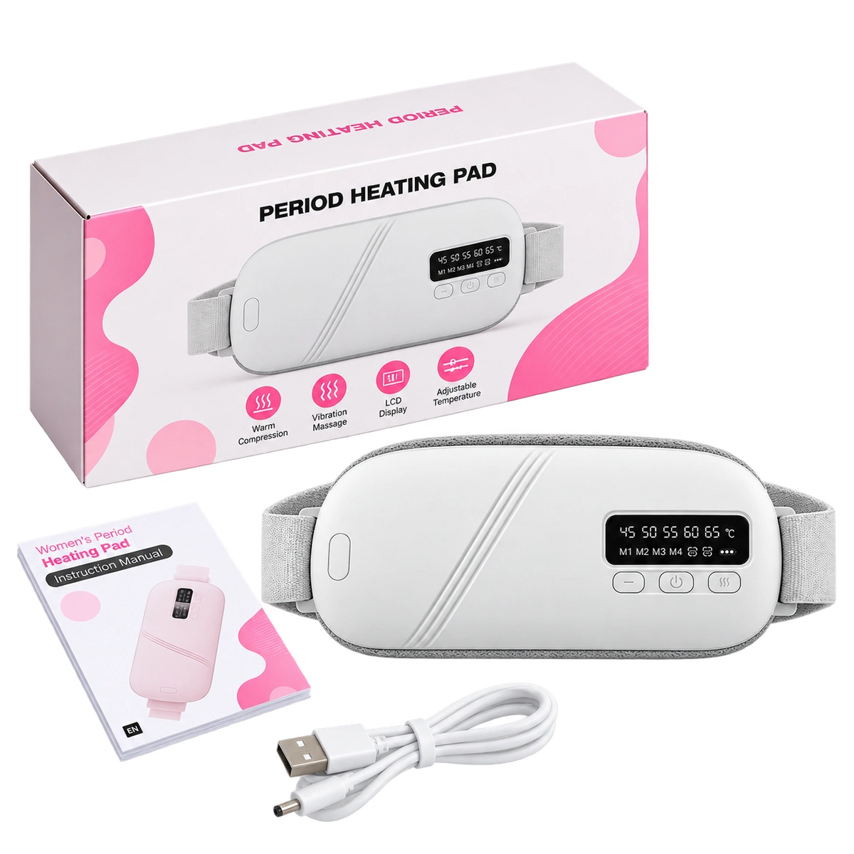 Kit completo del cinturón térmico Aunelya Blanco con caja, manual y cable de carga